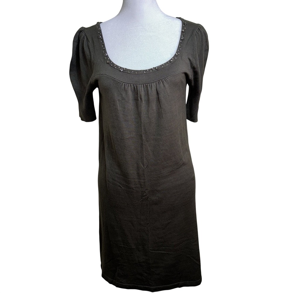 Vertigo Paris Women Brown Knit Rhinestone Scoop Neck Puff Sleeve Dress Size S‎